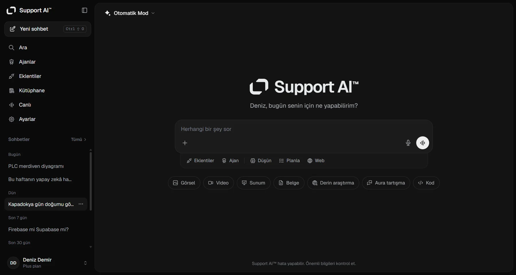 Support AI masaüstü uygulamasının ana ekranı